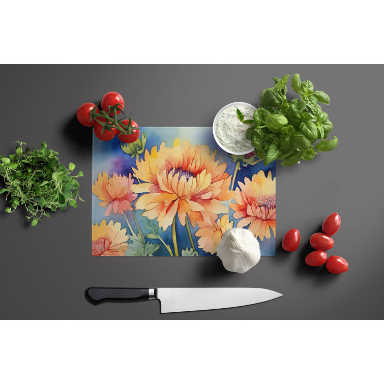 Caroline's Treasures Chrysanthemums in Watercolor Glass Cutting Board
